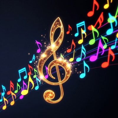 Golden Treble Clef with Colorful Notes
