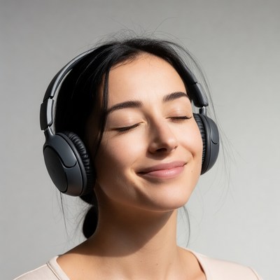 Asian woman listening music headphones