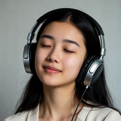 Asian girl listening with headphones