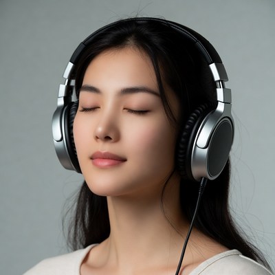Asian woman wearing headphones