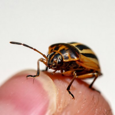 Striped beetle on human finger