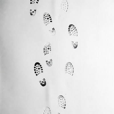 Boot footprints trail on white