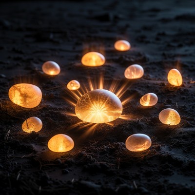 Glowing Amber Stones on Sand