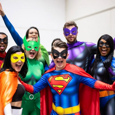 Diverse group in superhero costumes