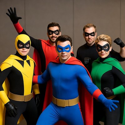 Group of superhero costume actors posing