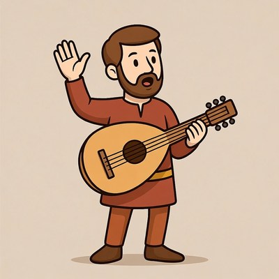 Cartoon man waving with lute