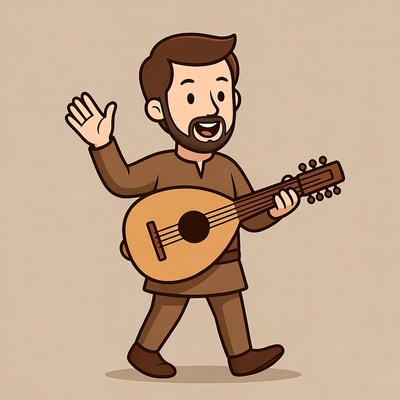Cartoon man waving with lute