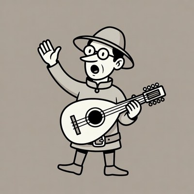 Cartoon man playing lute waving hand