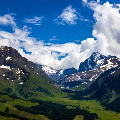 Snowy Mountains in Green Valley