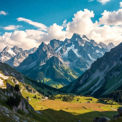 Snowy Alpine Mountains with Green Valley