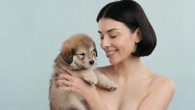 Woman holding cute puppy