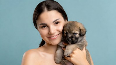 Woman holding cute puppy