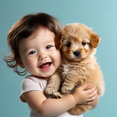 Asian baby holding golden puppy