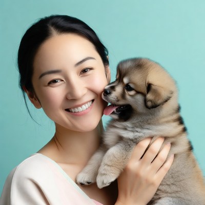 Asian woman holding fluffy puppy