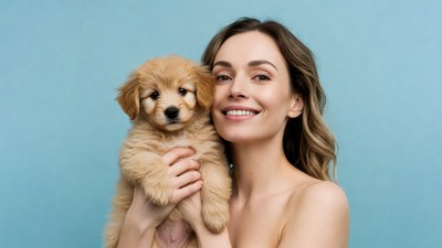 Nude woman holding golden retriever puppy