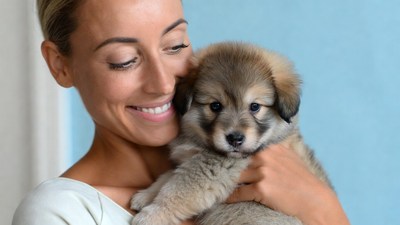 Woman holding cute puppy