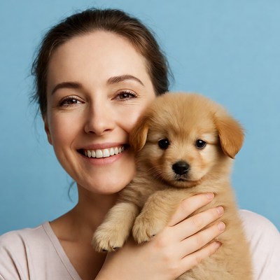 Woman holding cute golden retriever puppy