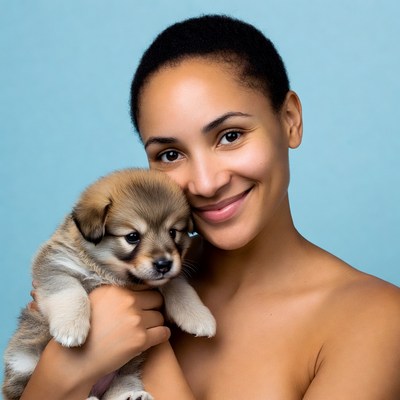 African-American woman holding puppy