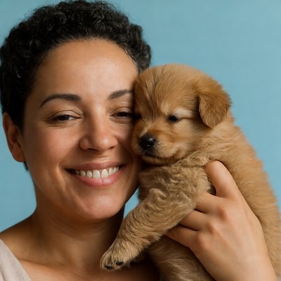 African-American woman holding golden puppy