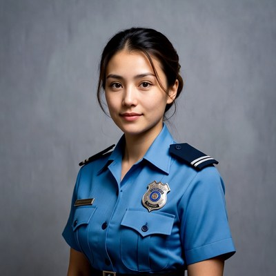 Asian woman in blue police uniform