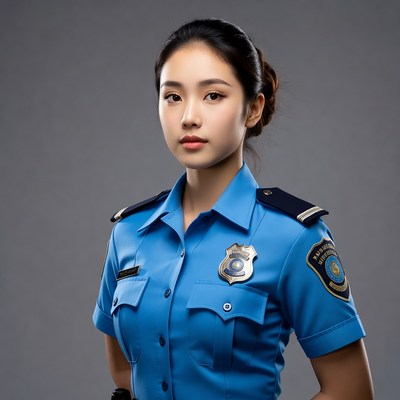 Asian woman in blue police uniform