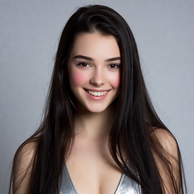 Smiling woman in silver dress