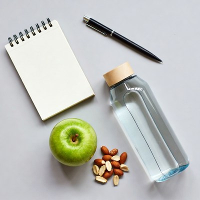 Notebook, Green Apple, Almonds, Water Bottle