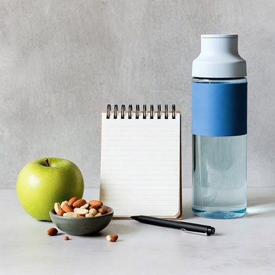 Notebook, Green Apple, Nuts, Water Bottle