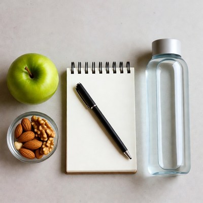 Healthy snacks with notebook and water