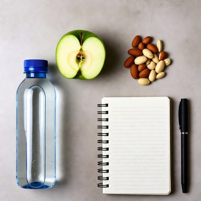 Water bottle, apple, almonds, notebook
