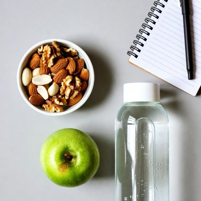 Bowl of Nuts with Apple and Water