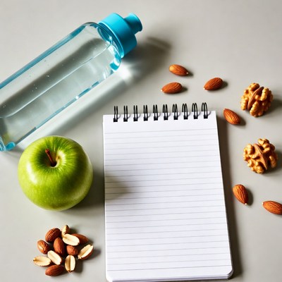 Green apple, water bottle, nuts, notebook