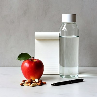 Red apple with nuts and water bottle