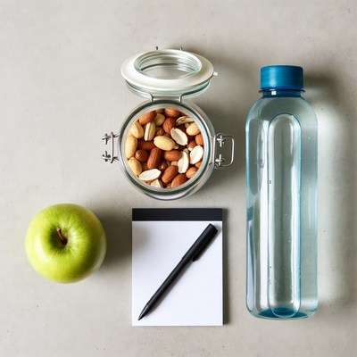 Almonds, Green Apple, Water Bottle
