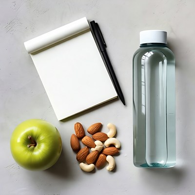 Green apple almonds cashews notepad water bottle