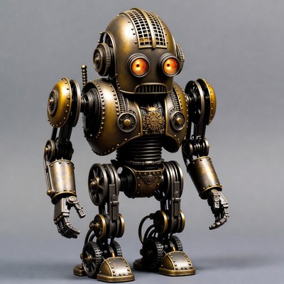 Steampunk Robot on Gray Background