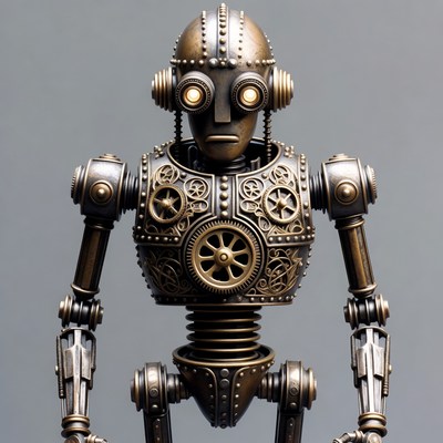 Steampunk Robot on Gray Background