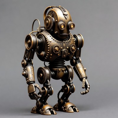 Steampunk Robot on Gray Background