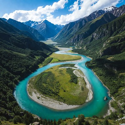 Turquoise River Meandering Through Snowy Mountains