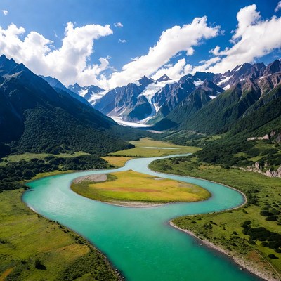 Turquoise River Meandering Through Mountains