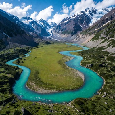 Turquoise River Meandering Through Mountain Valley
