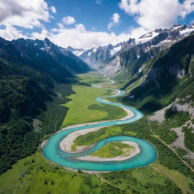 Turquoise River Winding Through Snowy Mountains