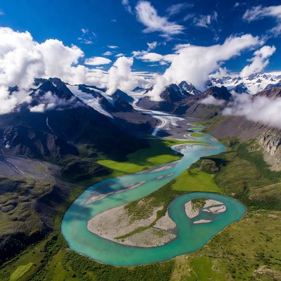 Turquoise River Meandering Through Mountains