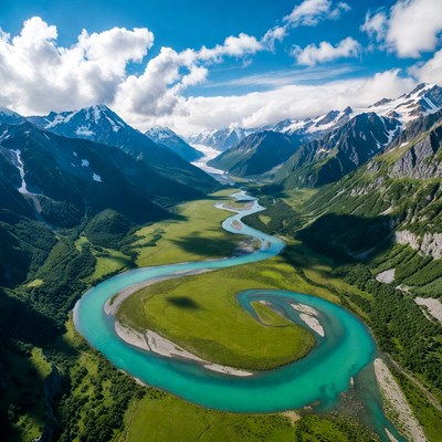 Turquoise River Meandering Through Snowy Mountains