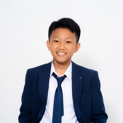 Asian boy in navy suit smiling