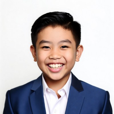 Smiling Asian boy in blue suit
