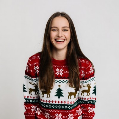 Smiling woman in red Christmas sweater
