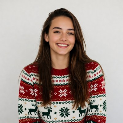 Smiling woman in reindeer Christmas sweater