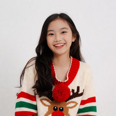 Asian girl in reindeer Christmas sweater