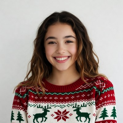Girl smiling in reindeer Christmas sweater